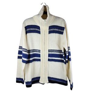 Vintage Dimension Zip Cardigan Sweater M Cream With Blue Stripes Faux Mohair